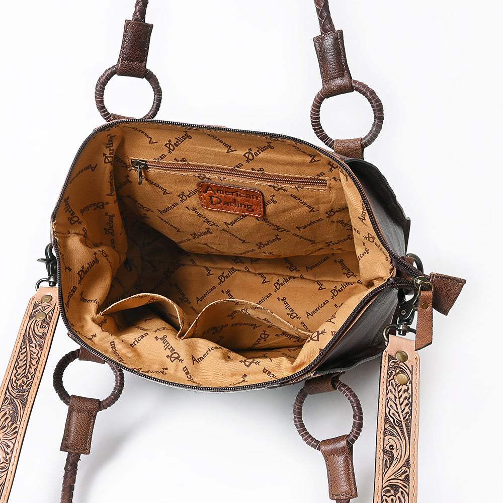 American Darling Tote Bag Western Hand Tooled Floral Genuine Leather with Hair-On Cowhide & Braided Handle for Women