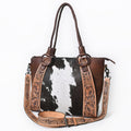 American Darling Hair-On Cowhide Tote Bag, Hand-Tooled Floral Western Leather Purse, Buck Stitched, 10in (H) X 13.5in (W) X 4in (D)