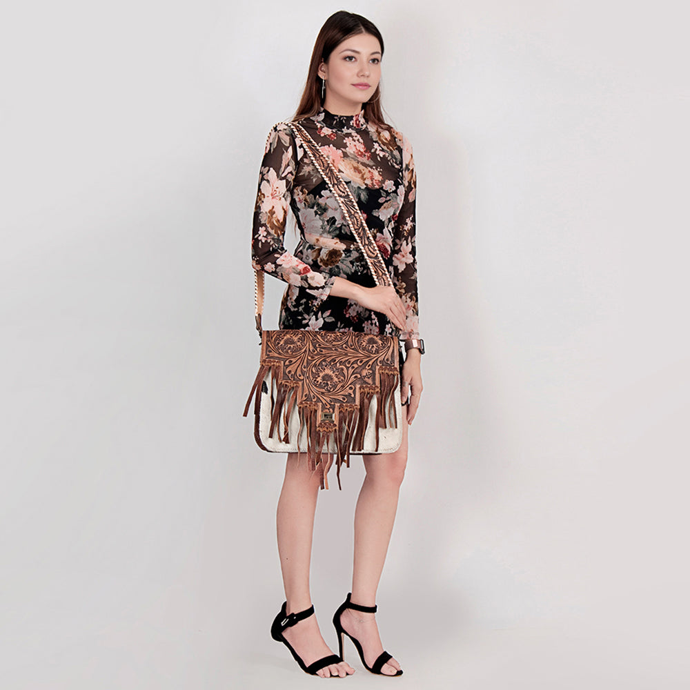 American Darling Hand-Tooled Hair-On Genuine Leather Messenger Bag