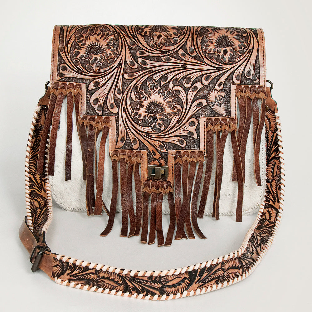 American Darling Hand-Tooled Hair-On Genuine Leather Messenger Bag