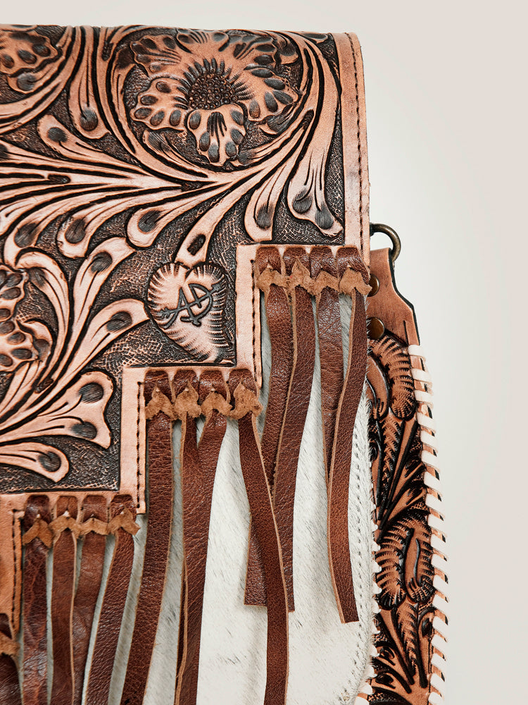 American Darling Hand-Tooled Hair-On Genuine Leather Messenger Bag