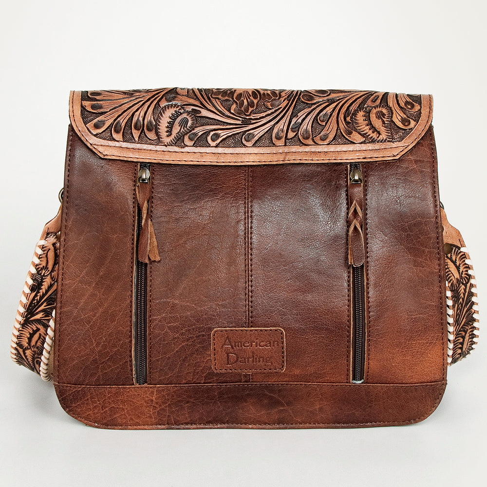American Darling Hand-Tooled Hair-On Genuine Leather Messenger Bag