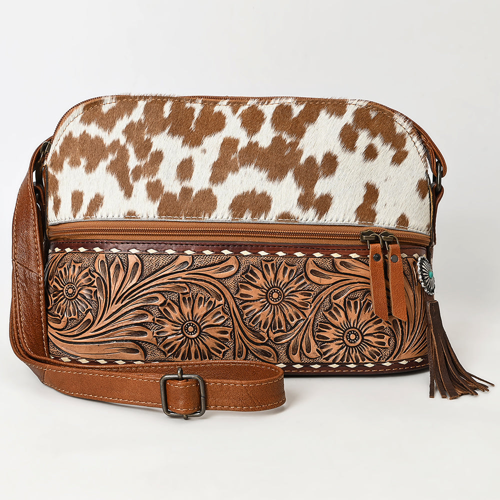 American Darling Cross body Bag, Genuine Leather Western Purse with Hair-On Cowhide, Hand Tooled Floral Accents & Tassels
