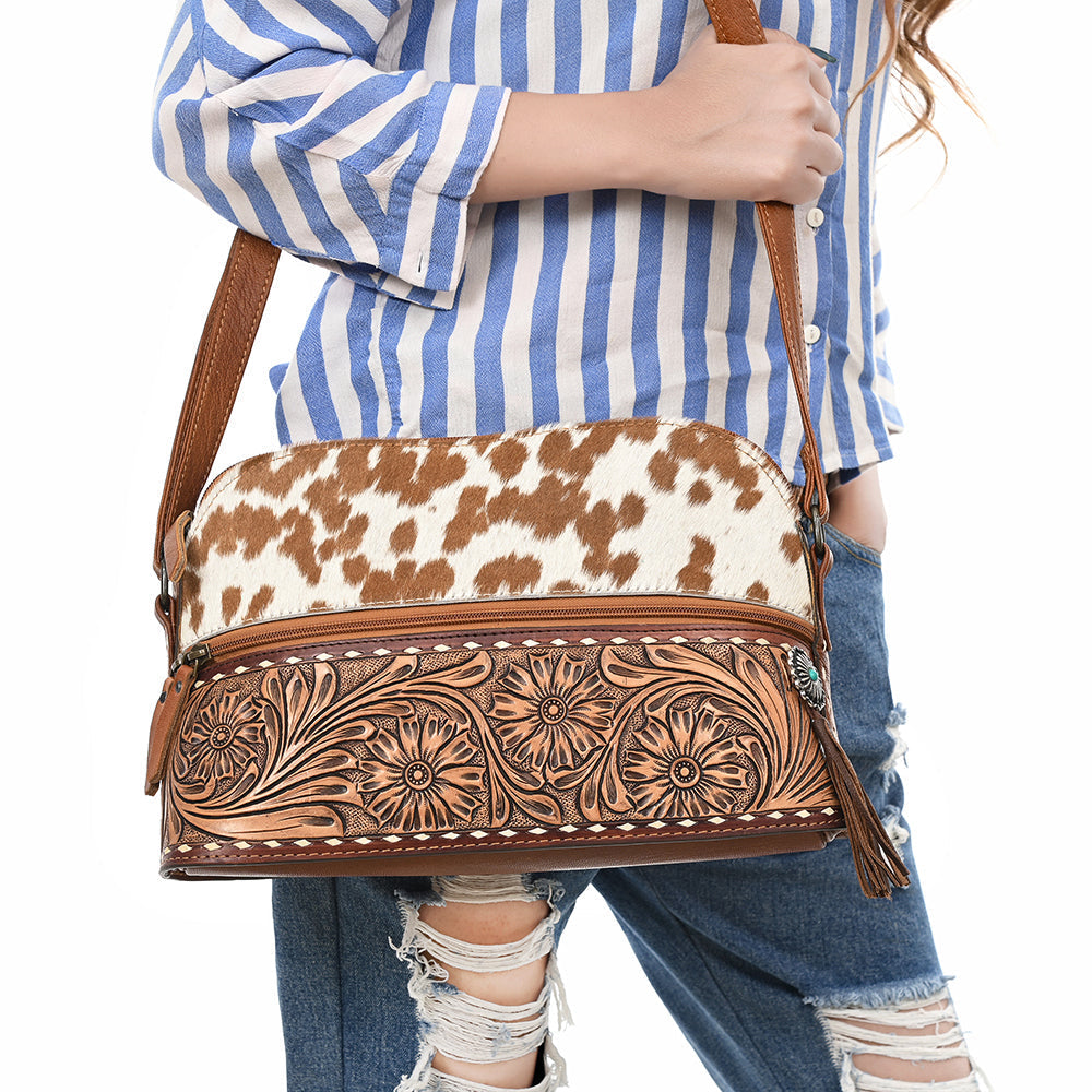 American Darling Hand-Tooled Hair-On Genuine Leather Crossbody Bag