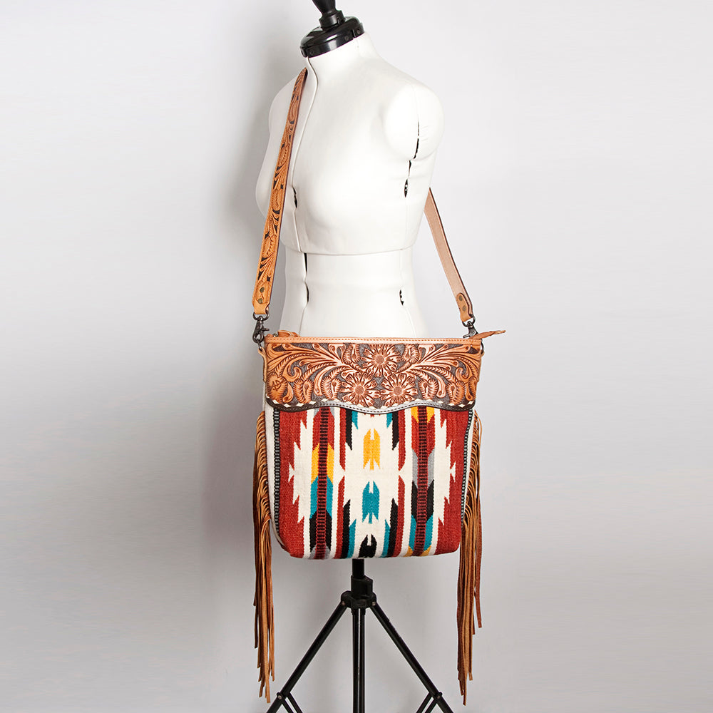 American Darling Signature Cross Body Bag Hand Tooled Floral Carved Leather Woven Saddle Blanket Fringes Genuine Leather