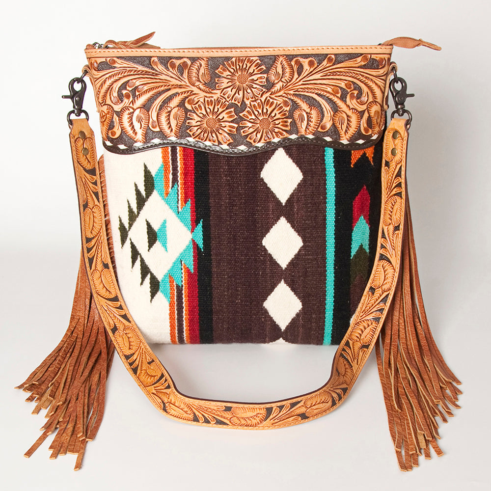 American Darling Signature Cross Body Bag Hand Tooled Floral Carved Leather Woven Saddle Blanket Fringes Genuine Leather