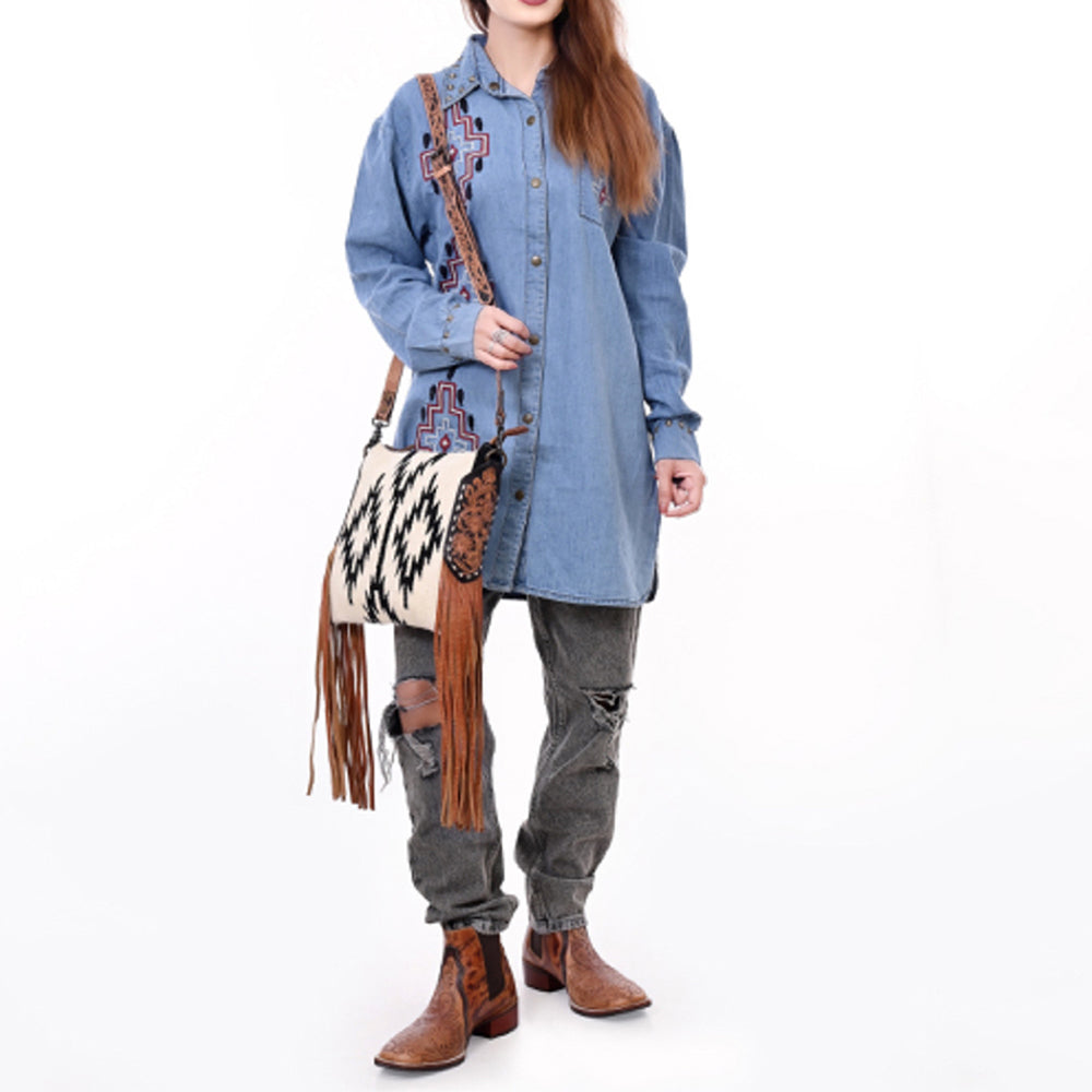 American Darling Large Cross body Bag, Hand-Woven Saddle Blanket & Hand Tooled Leather with Fringes, Western Handcrafted Purse