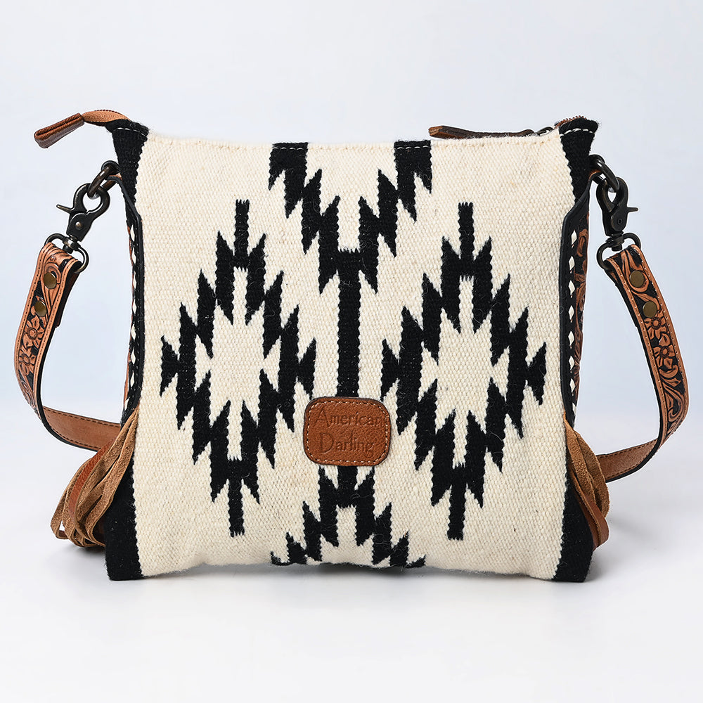 American Darling Large Cross body Bag, Hand-Woven Saddle Blanket & Hand Tooled Leather with Fringes, Western Handcrafted Purse