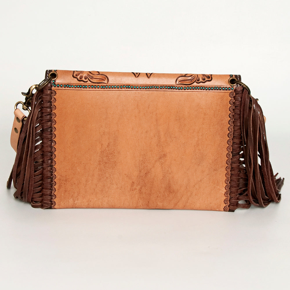 American Darling Leather Envelope for Women - Hand Tooled Floral Carved Genuine Leather Crossbody with Fringes & YKK Zipper