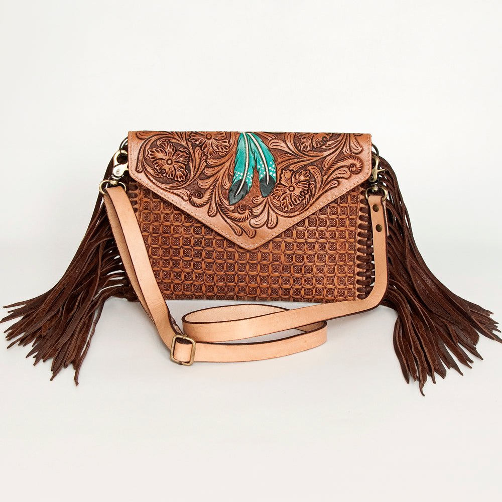 American Darling Leather Envelope for Women - Hand Tooled Floral Carved Genuine Leather Crossbody with Fringes & YKK Zipper