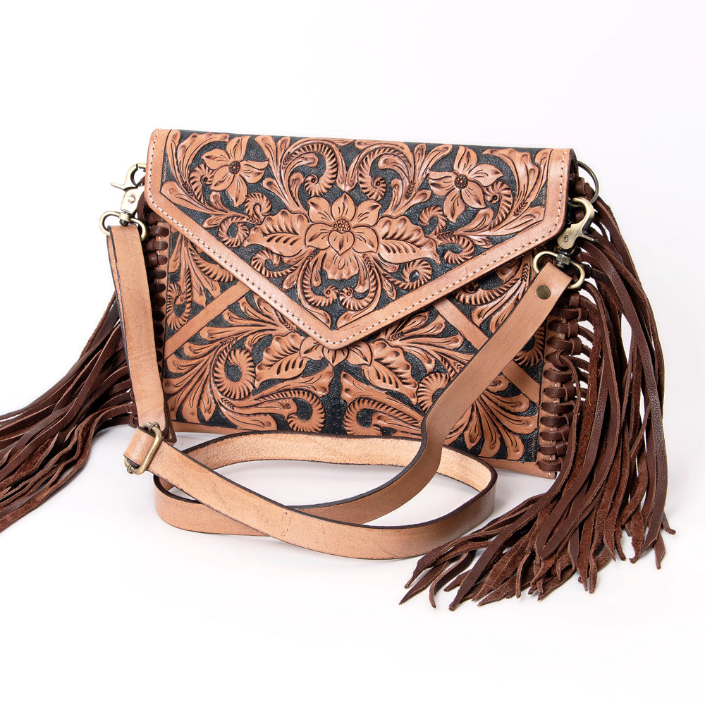 American Darling Leather Envelope for Women - Hand Tooled Floral Carved Genuine Leather Crossbody with Fringes & YKK Zipper