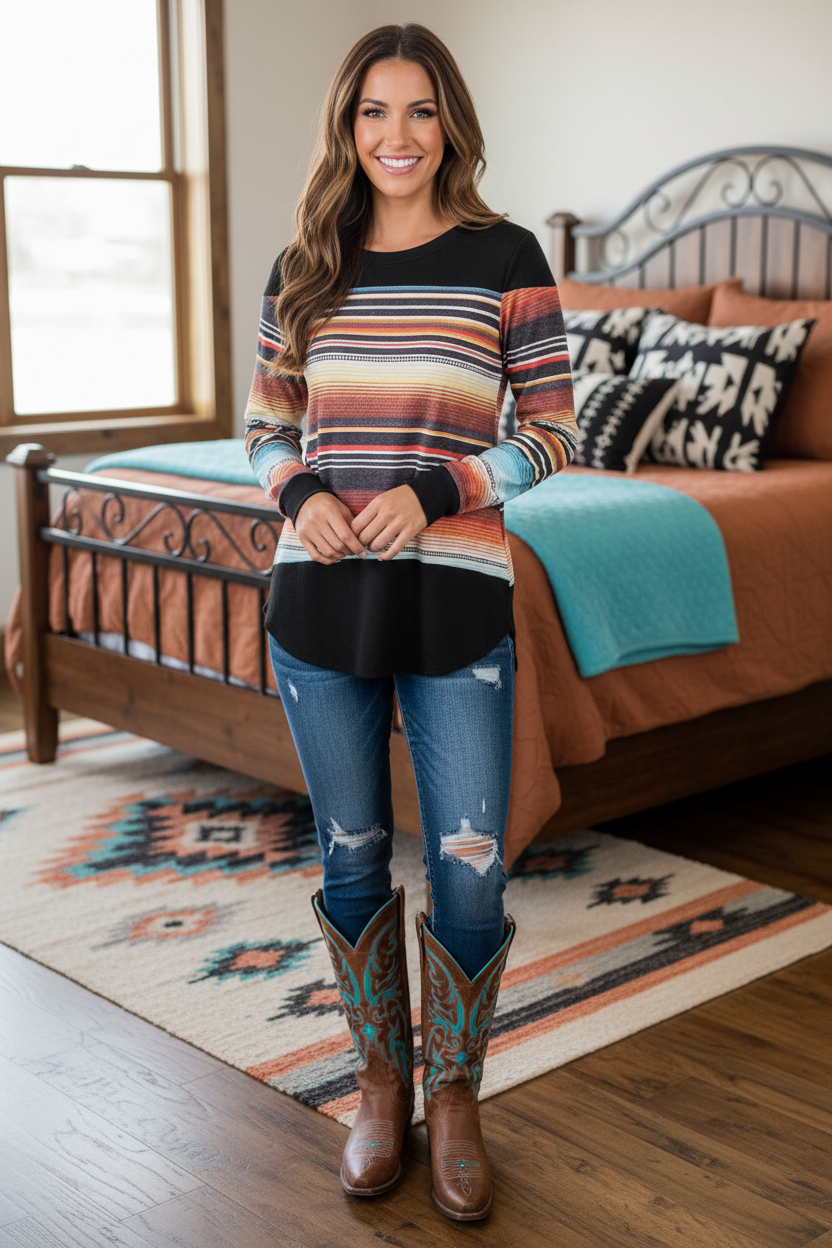 Los Alamos Serape Print Long Sleeve Top Made in America by Baha Ranch Western Wear