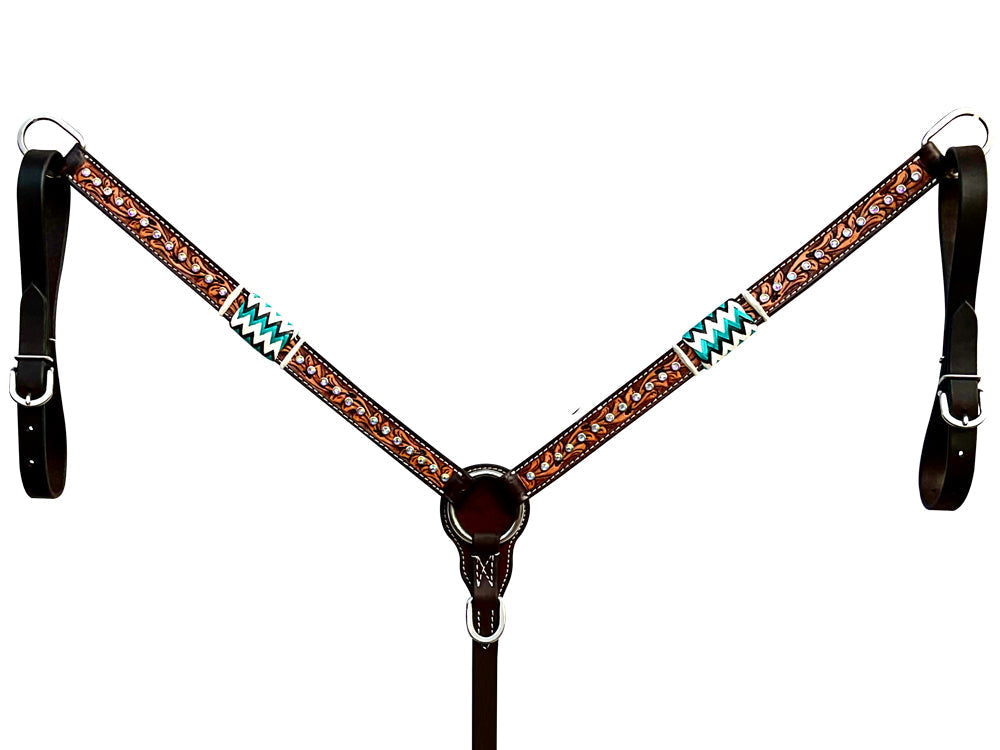 Bar H Equine Horse Genuine Leather RawHide Stud Breast Collar ,Headstall Brown