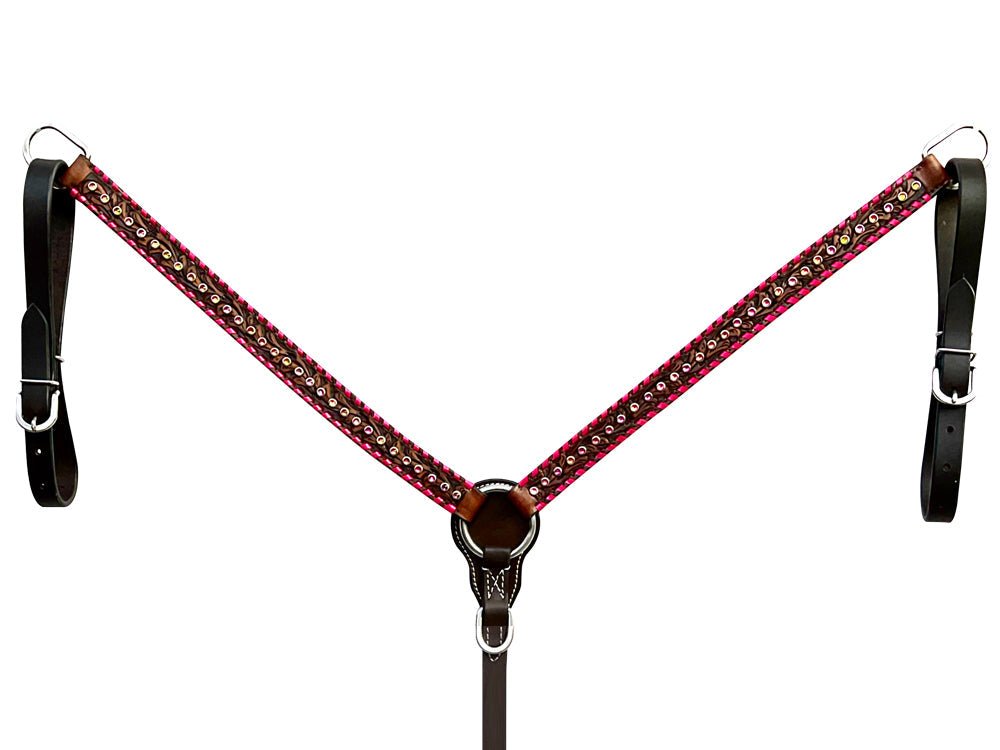 Bar H Equine Horse Genuine Leather Buckstitch Stud Breast Collar ,Headstall Brown