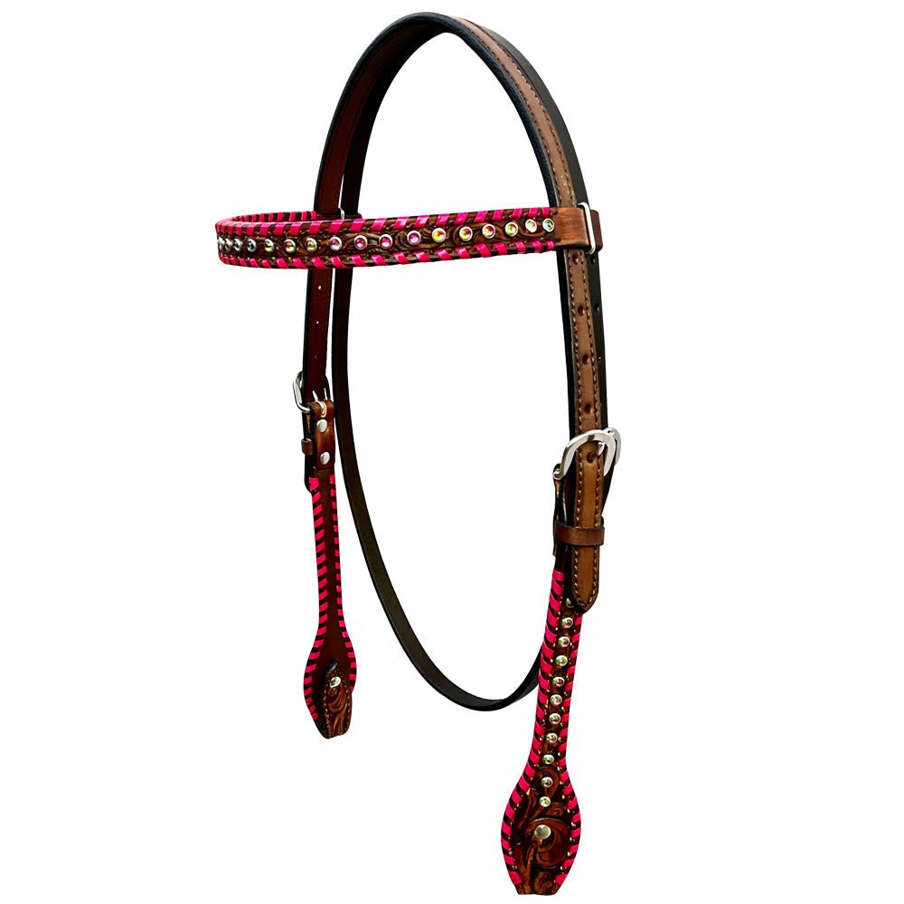 Bar H Equine Horse Genuine Leather Buckstitch Stud Breast Collar ,Headstall Brown