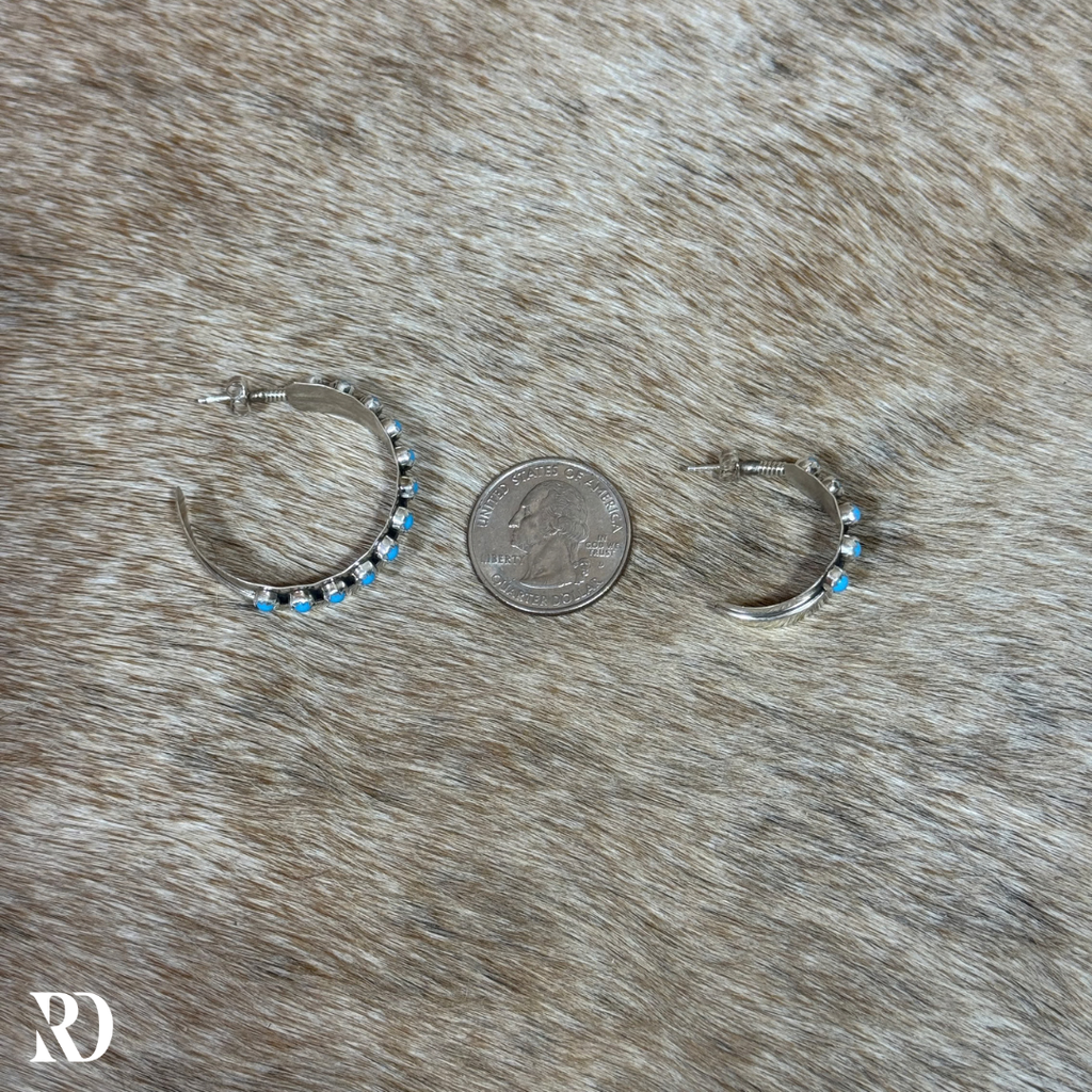 Small Feathered Hoop With Kingman Turquoise Earrings By Chester Charley — view 3