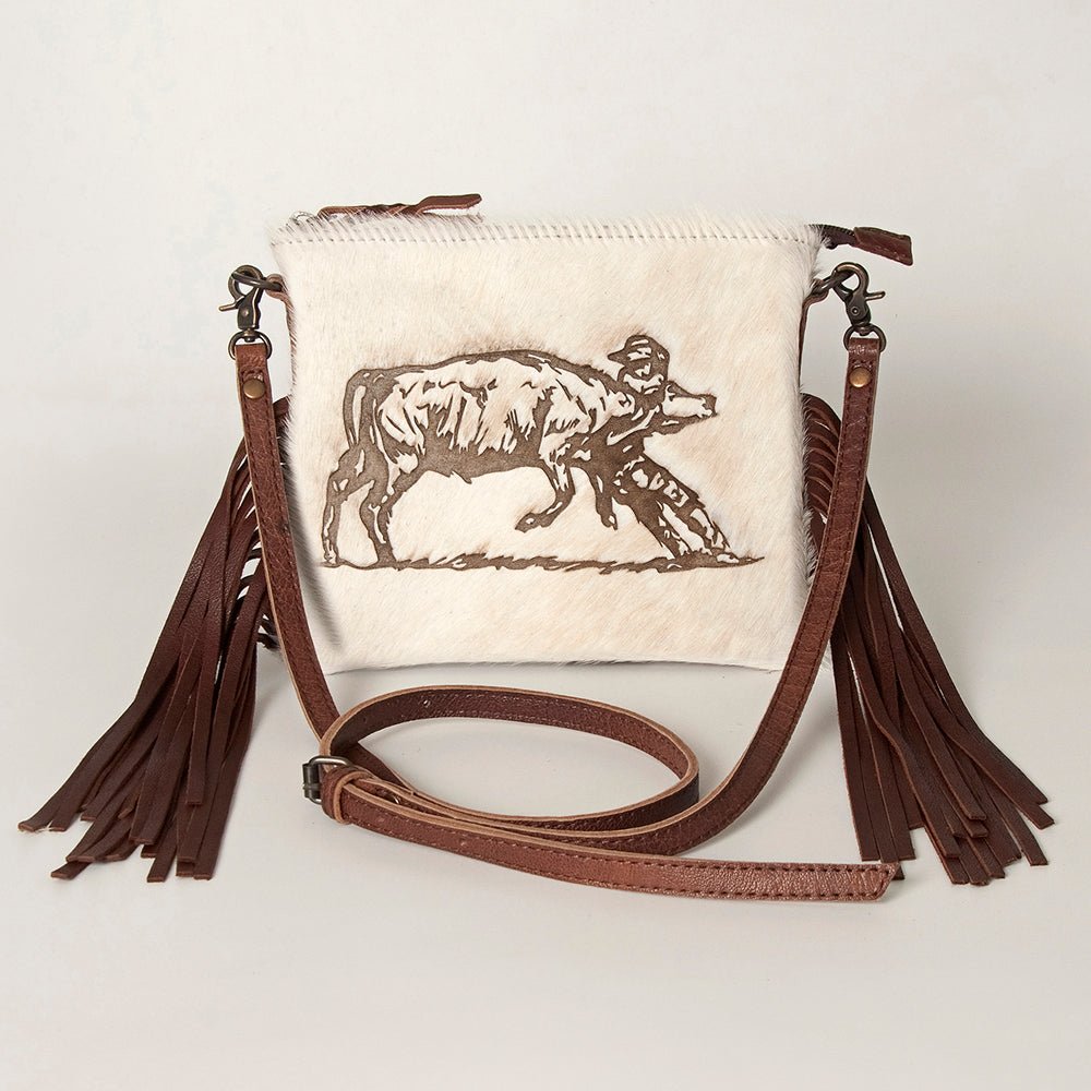 American Darling Western Small Crossbody Bag – Genuine Hair-On Cowhide Leather with Fringes, Adjustable Strap, Handcrafted in Texas