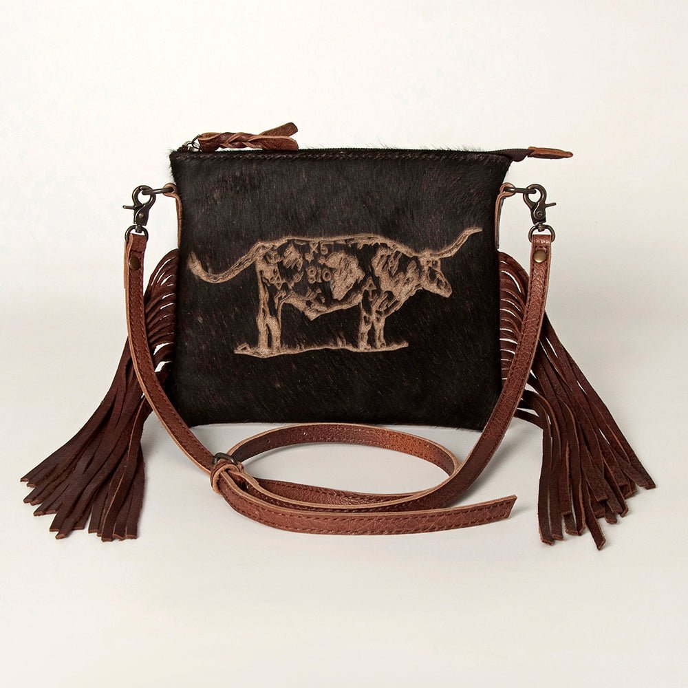 American Darling Western Small Crossbody Bag – Genuine Hair-On Cowhide Leather with Fringes, Adjustable Strap, Handcrafted in Texas