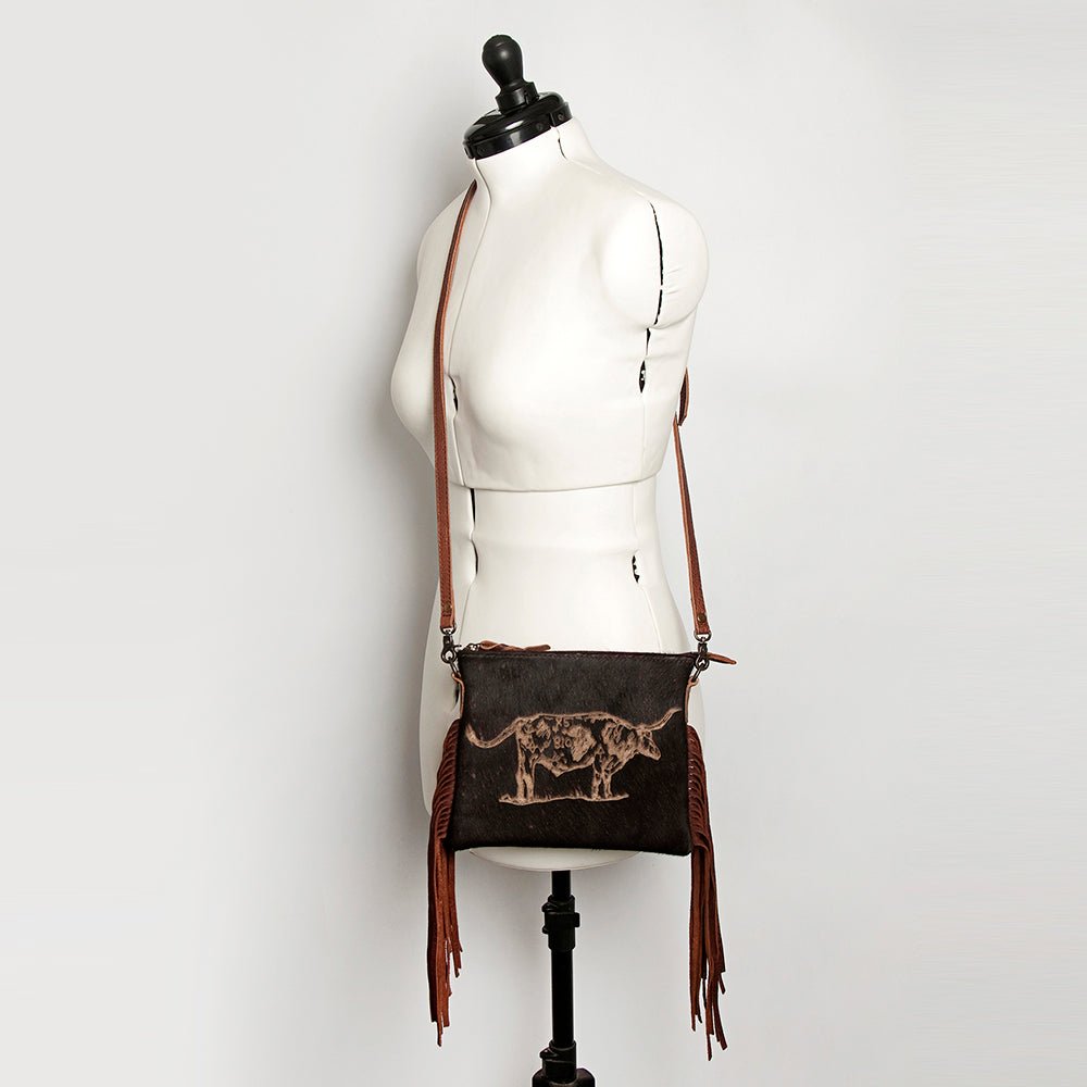 American Darling Western Small Crossbody Bag – Genuine Hair-On Cowhide Leather with Fringes, Adjustable Strap, Handcrafted in Texas