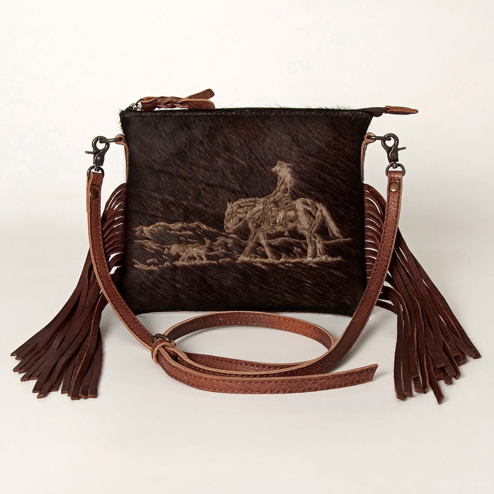 American Darling Western Small Crossbody Bag – Genuine Hair-On Cowhide Leather with Fringes, Adjustable Strap, Handcrafted in Texas