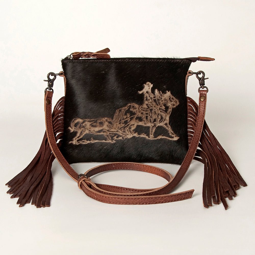 American Darling Western Small Crossbody Bag – Genuine Hair-On Cowhide Leather with Fringes, Adjustable Strap, Handcrafted in Texas