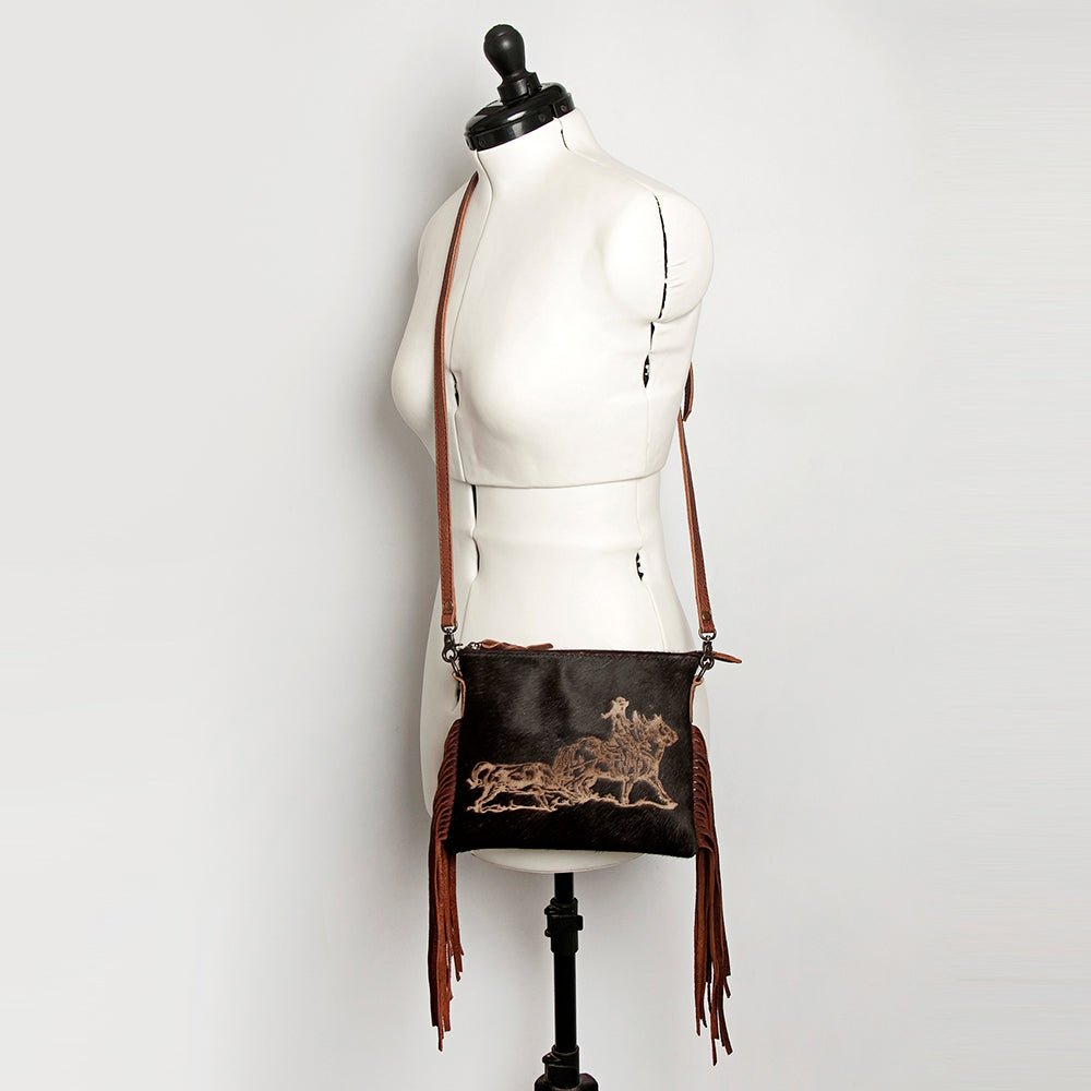 American Darling Western Small Crossbody Bag – Genuine Hair-On Cowhide Leather with Fringes, Adjustable Strap, Handcrafted in Texas
