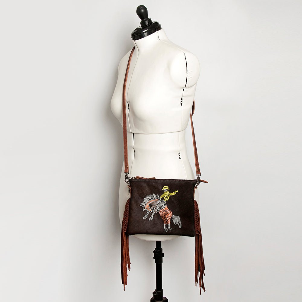 American Darling Western Small Crossbody Bag – Genuine Hair-On Cowhide Leather with Fringes, Adjustable Strap, Handcrafted in Texas