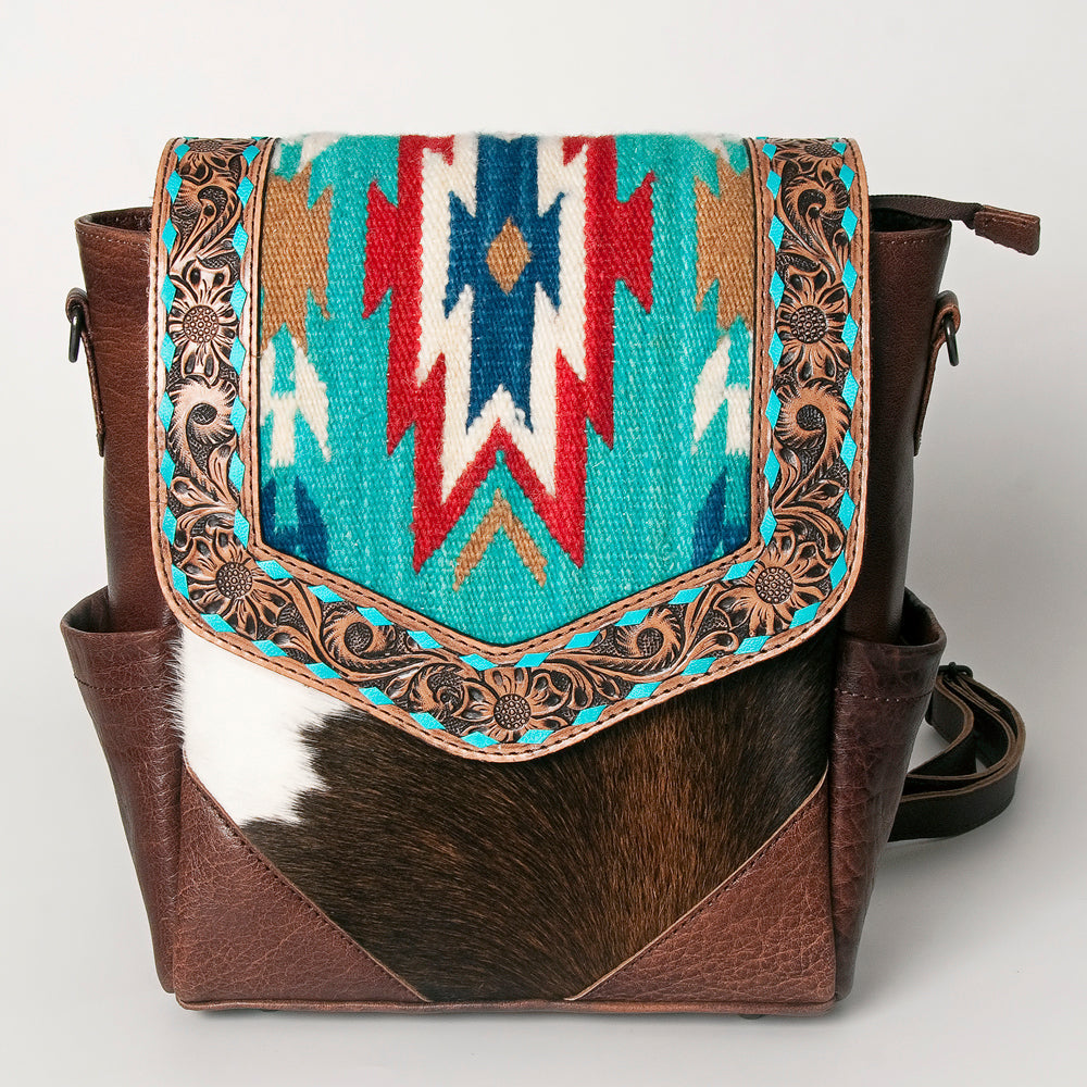 American Darling Backpack for Women, Hand Tooled Floral Leather, Hair-On Cowhide, Woven Saddle Blanket, Genuine Leather