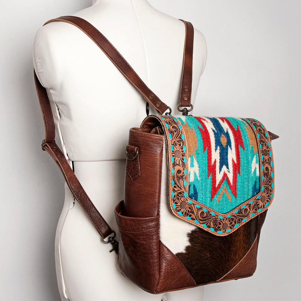 American Darling Backpack for Women, Hand Tooled Floral Leather, Hair-On Cowhide, Woven Saddle Blanket, Genuine Leather