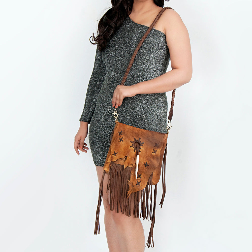 American Darling Cross body Bag Western Genuine Leather Handcrafted Purse with Fringes and Braided Detail