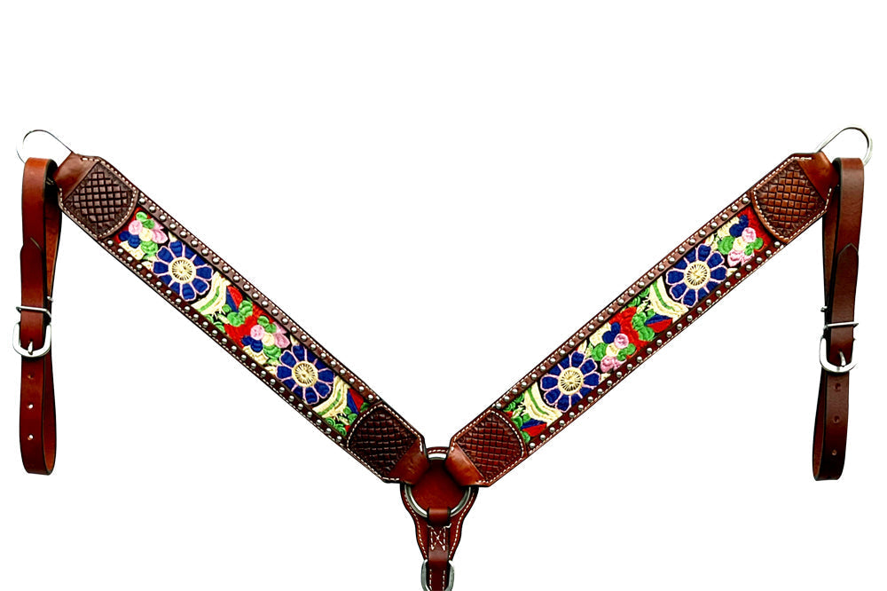 Bar H Equine Horse Genuine Leather embroidery design Breast Collar ,Headstall Brown