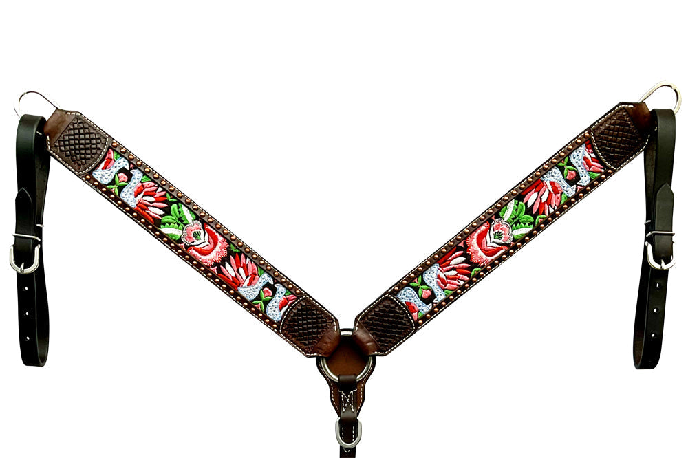 Bar H Equine Horse Genuine Leather embroidery design Breast Collar ,Headstall Brown