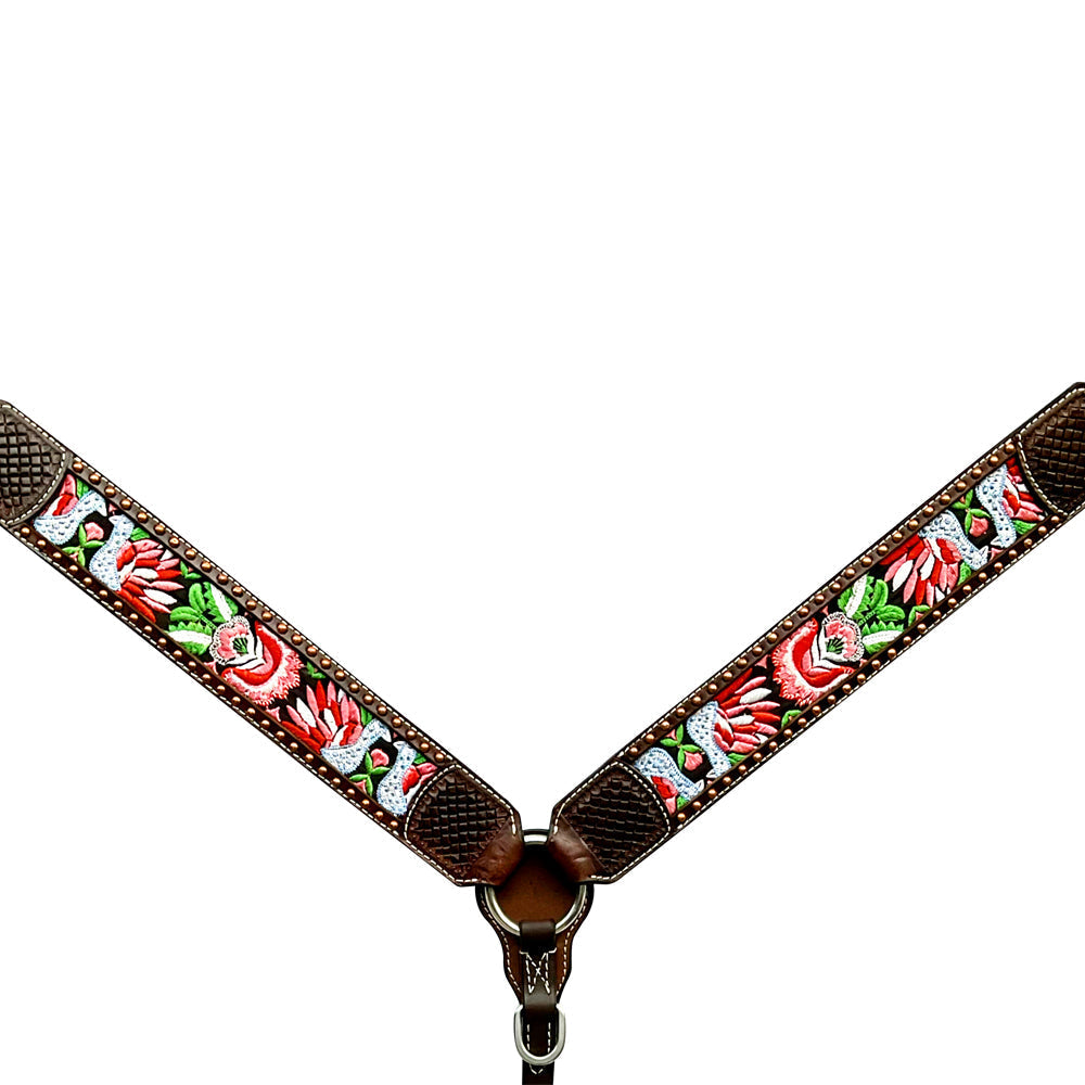 Bar H Equine Horse Genuine Leather embroidery design Breast Collar ,Headstall Brown