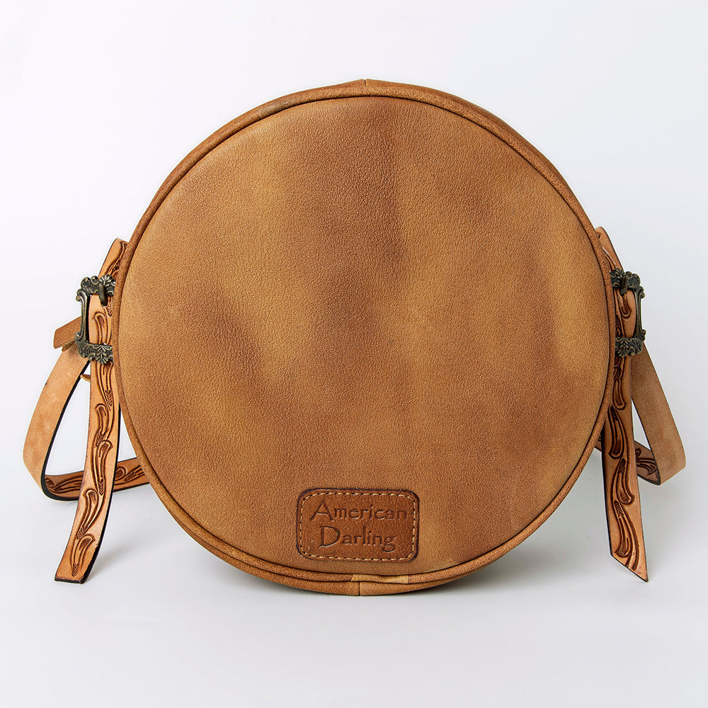 American Darling Canteen Bag, Handcrafted Western Purse, Genuine Leather Hand Tooled Floral Design, Round Crossbody Bag