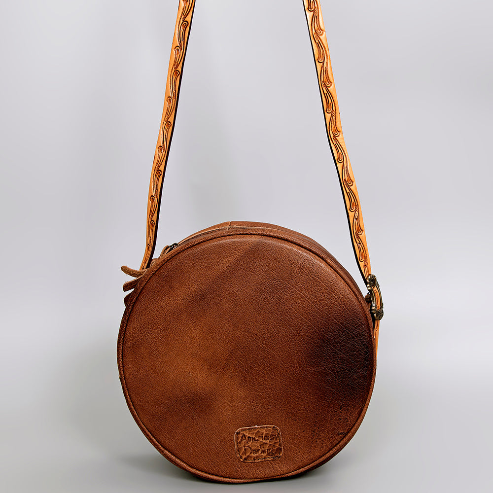 American Darling Canteen Bag, Handcrafted Western Purse, Genuine Leather Hand Tooled Floral Design, Round Crossbody Bag