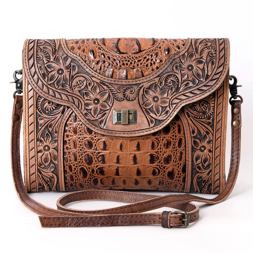 American Darling Hand-Tooled Crocodile Embossed Genuine Leather Crossbody Bag