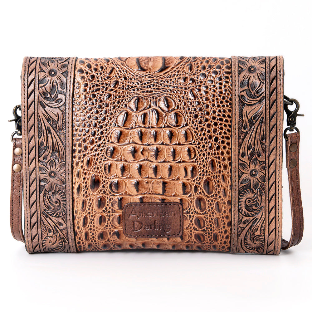 American Darling Hand-Tooled Crocodile Embossed Genuine Leather Crossbody Bag