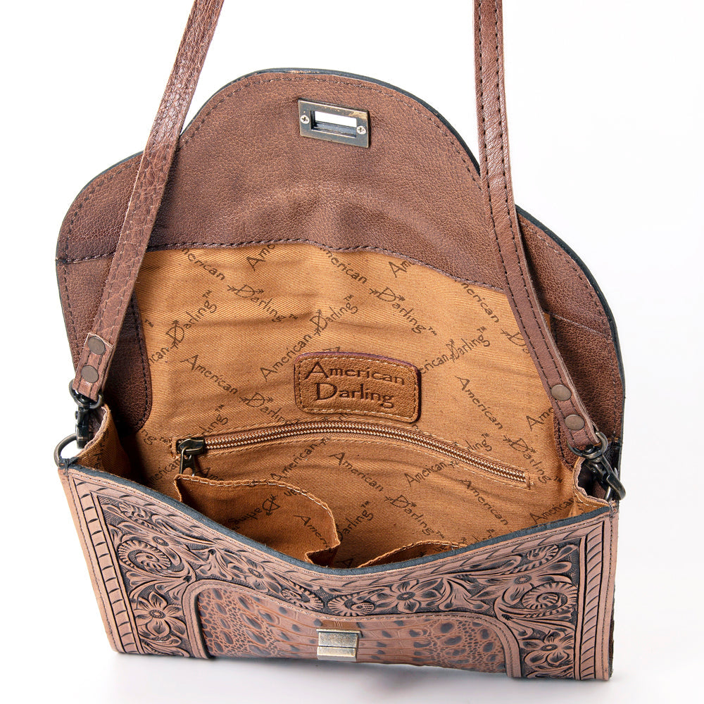 American Darling Hand-Tooled Crocodile Embossed Genuine Leather Crossbody Bag