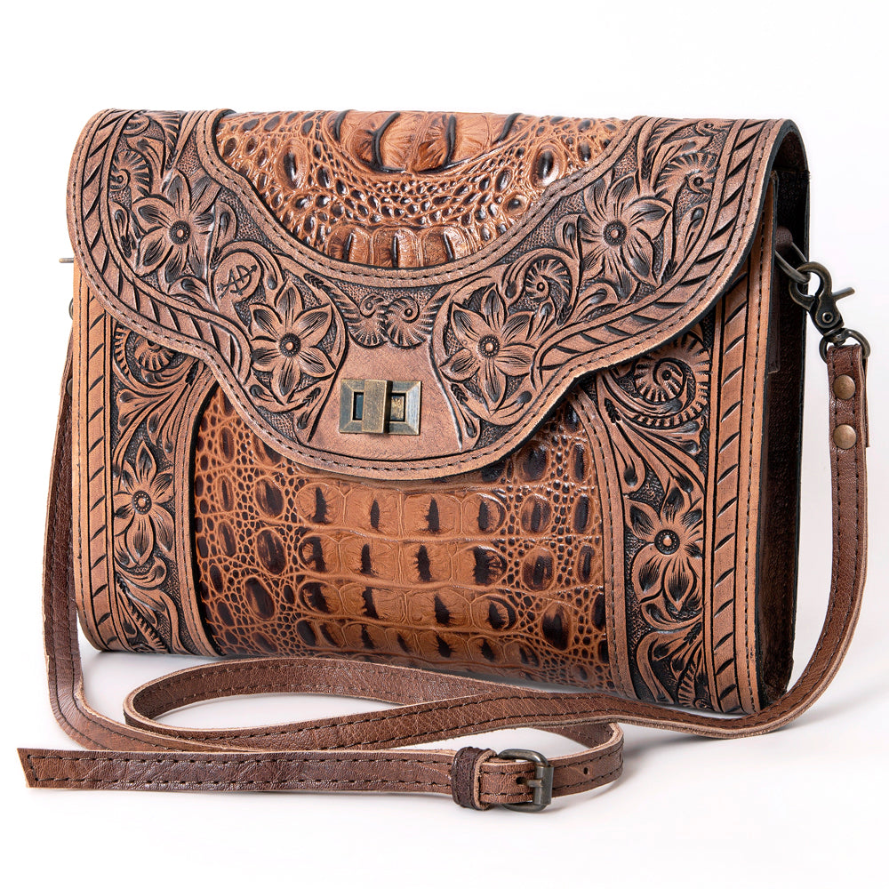 American Darling Hand-Tooled Crocodile Embossed Genuine Leather Crossbody Bag