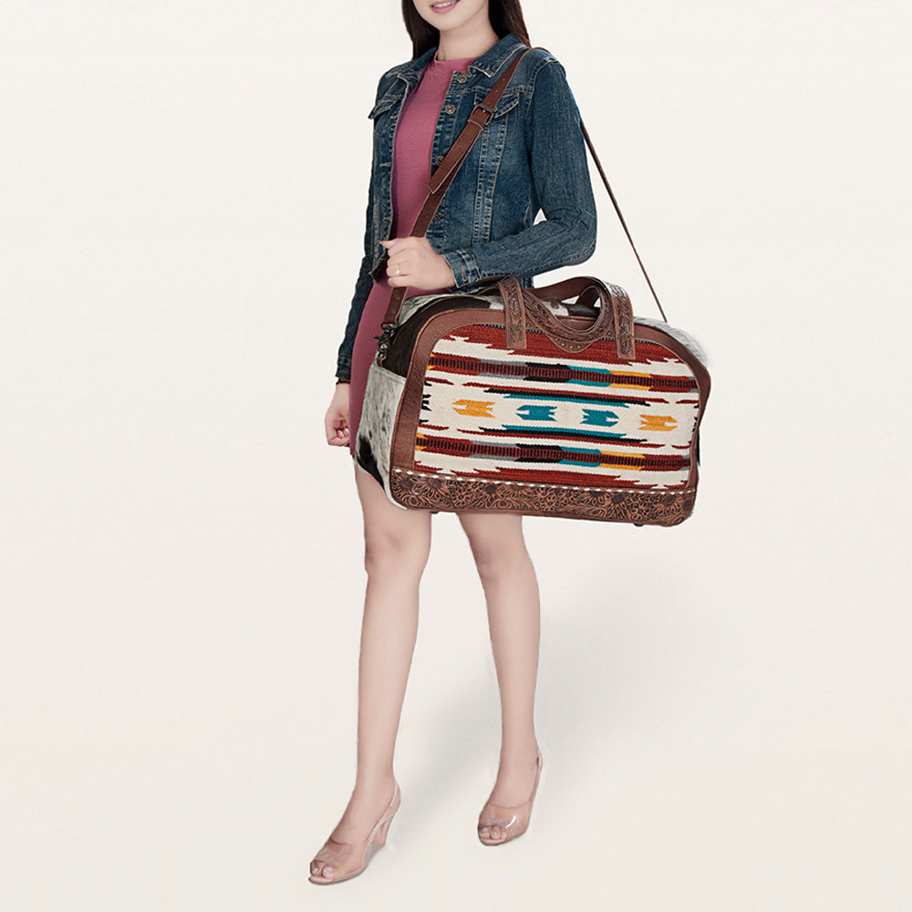 American Darling Duffel Bag, Hand Tooled Floral Leather & Woven Saddle Blanket, Genuine Leather Travel Weekender with Cowhide