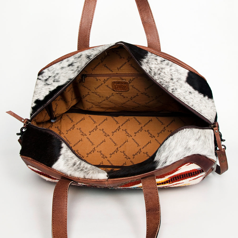 American Darling Duffel Bag, Hand Tooled Floral Leather & Woven Saddle Blanket, Genuine Leather Travel Weekender with Cowhide