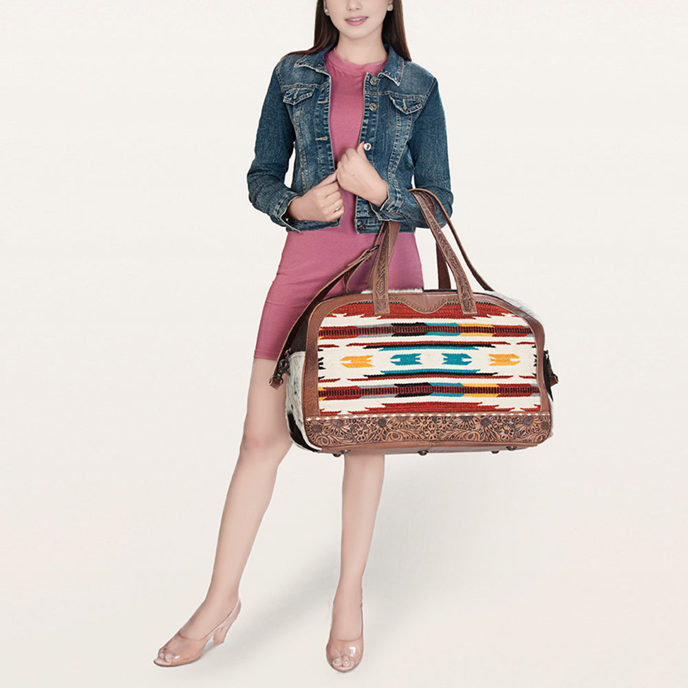 American Darling Duffel Bag, Hand Tooled Floral Leather & Woven Saddle Blanket, Genuine Leather Travel Weekender with Cowhide