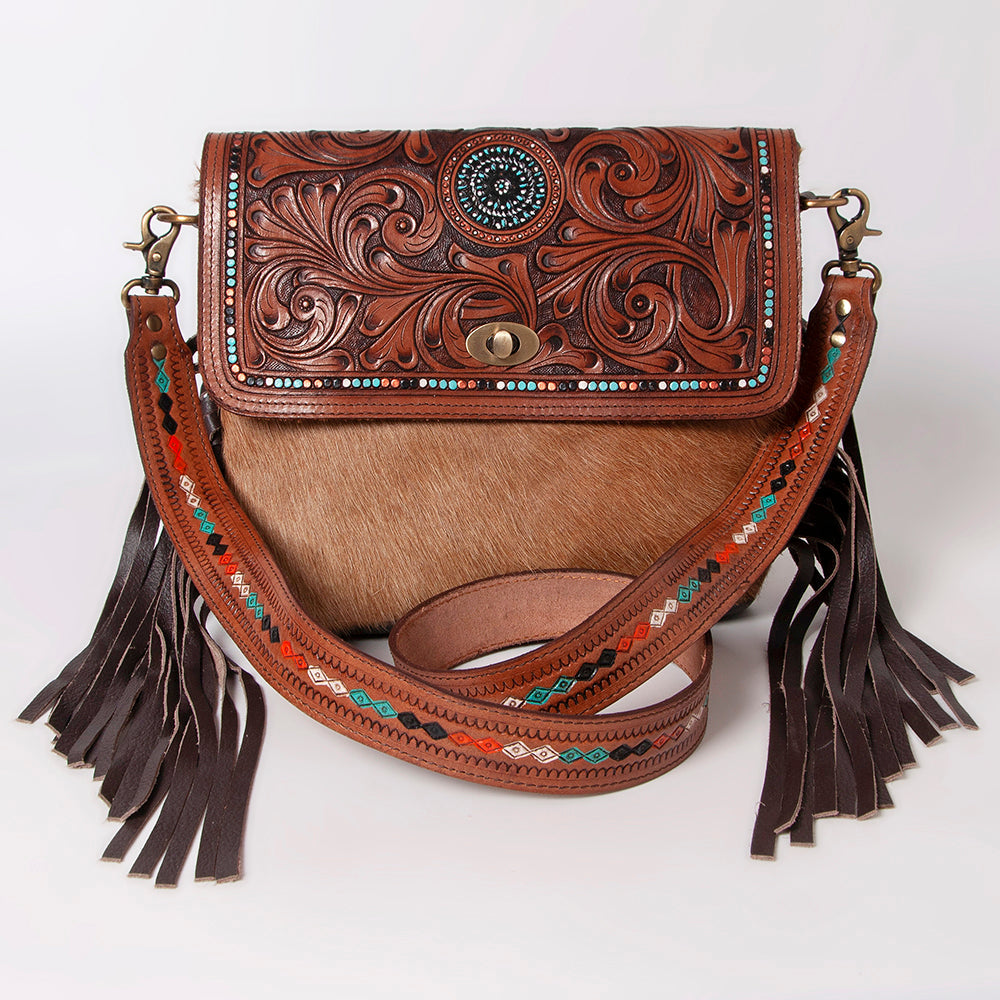 Crossbody Hand Tooled Saddle Leather with Cowhide Ladies Bag
