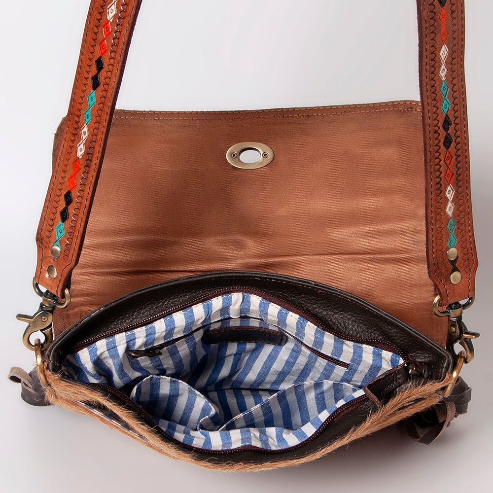 Crossbody Hand Tooled Saddle Leather with Cowhide Ladies Bag