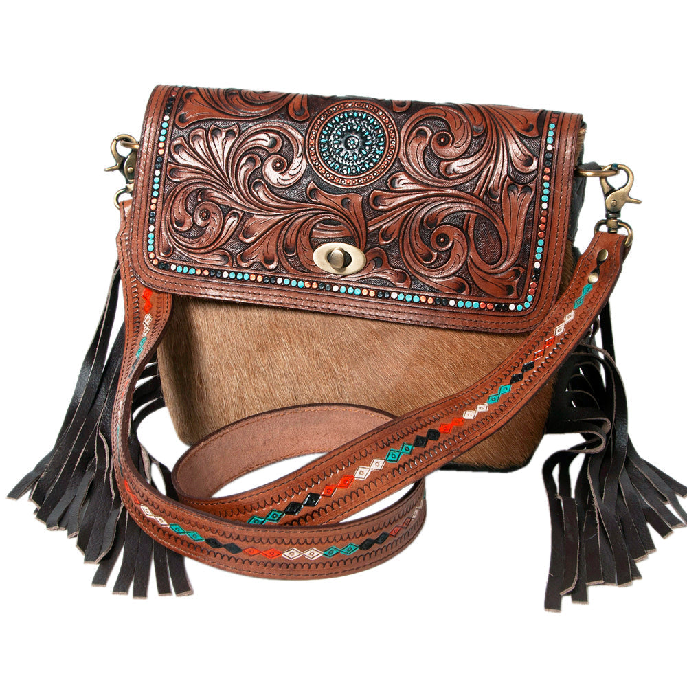 Crossbody Hand Tooled Saddle Leather with Cowhide Ladies Bag