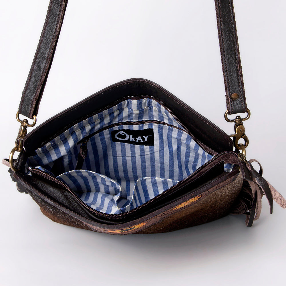 OHLAY Hand-Tooled Hair-On Leather Crossbody Bag