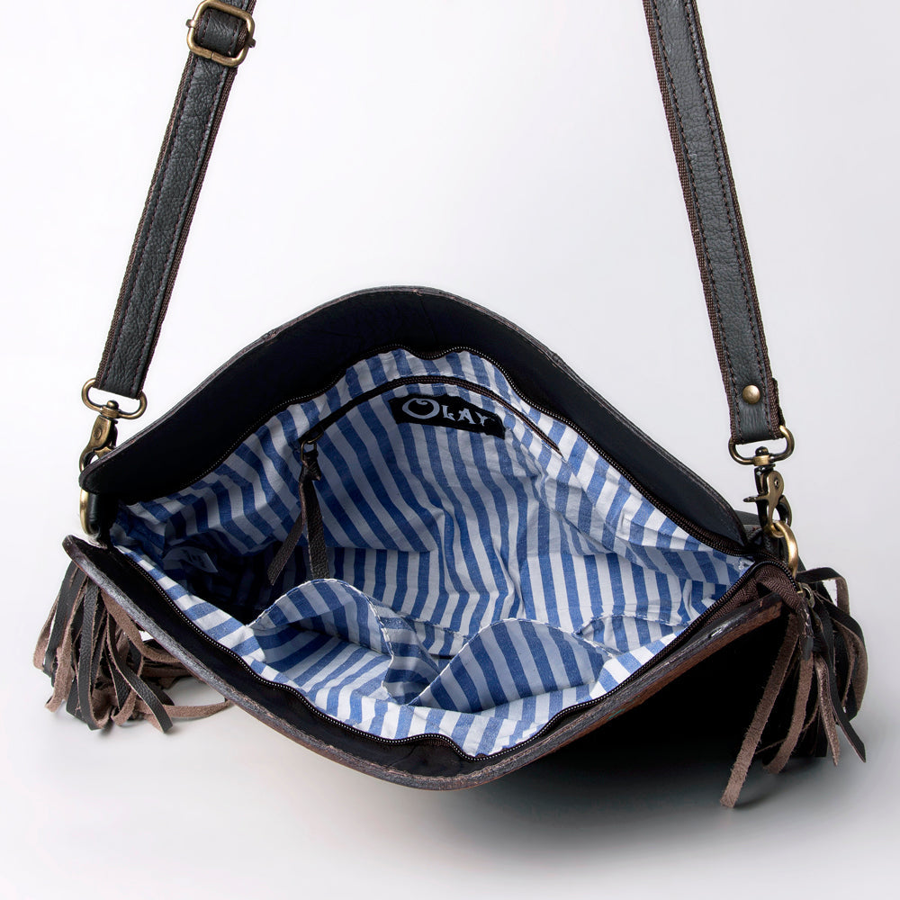 OHLAY Hand-Tooled Hair-On Leather Crossbody Bag