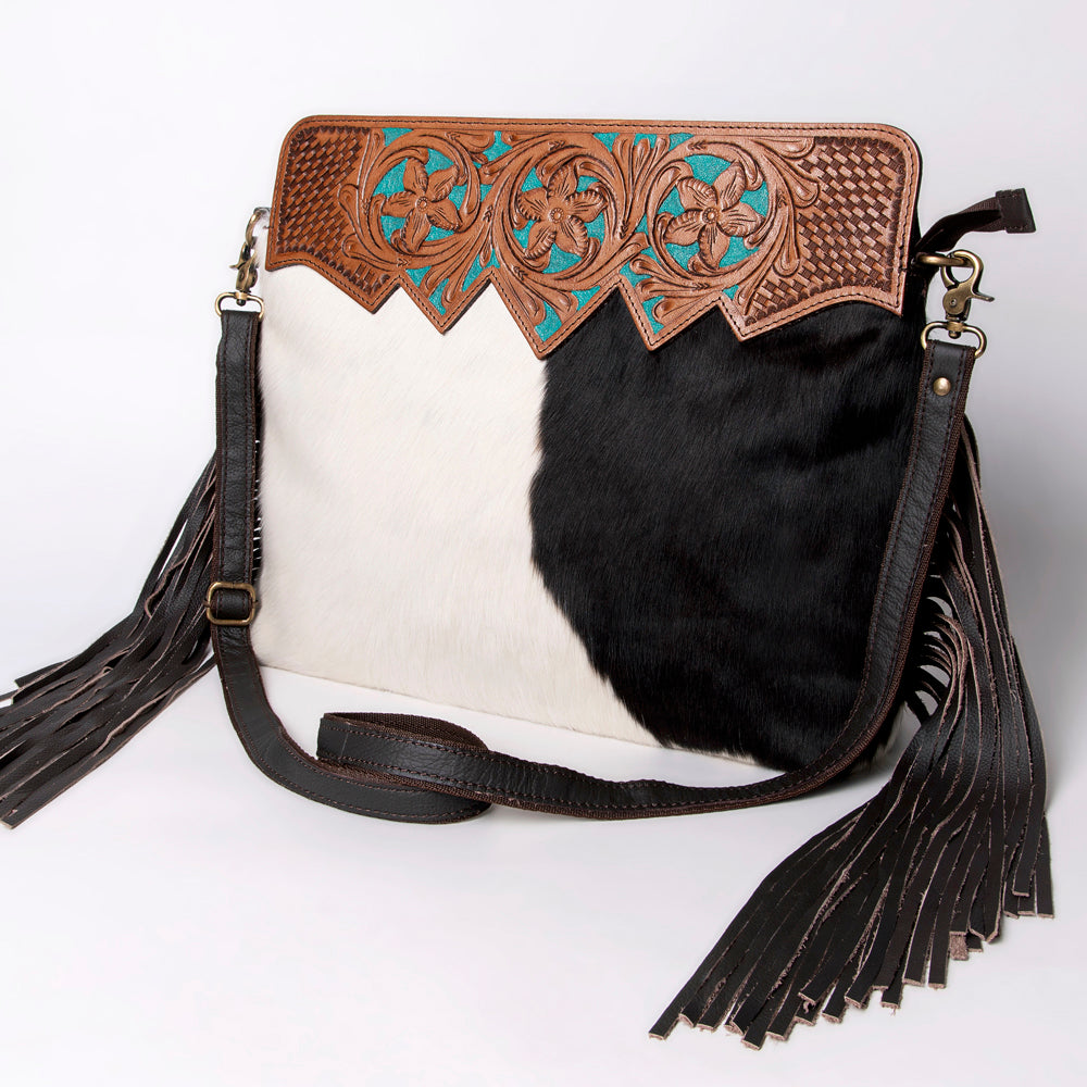OHLAY Hand-Tooled Hair-On Leather Crossbody Bag