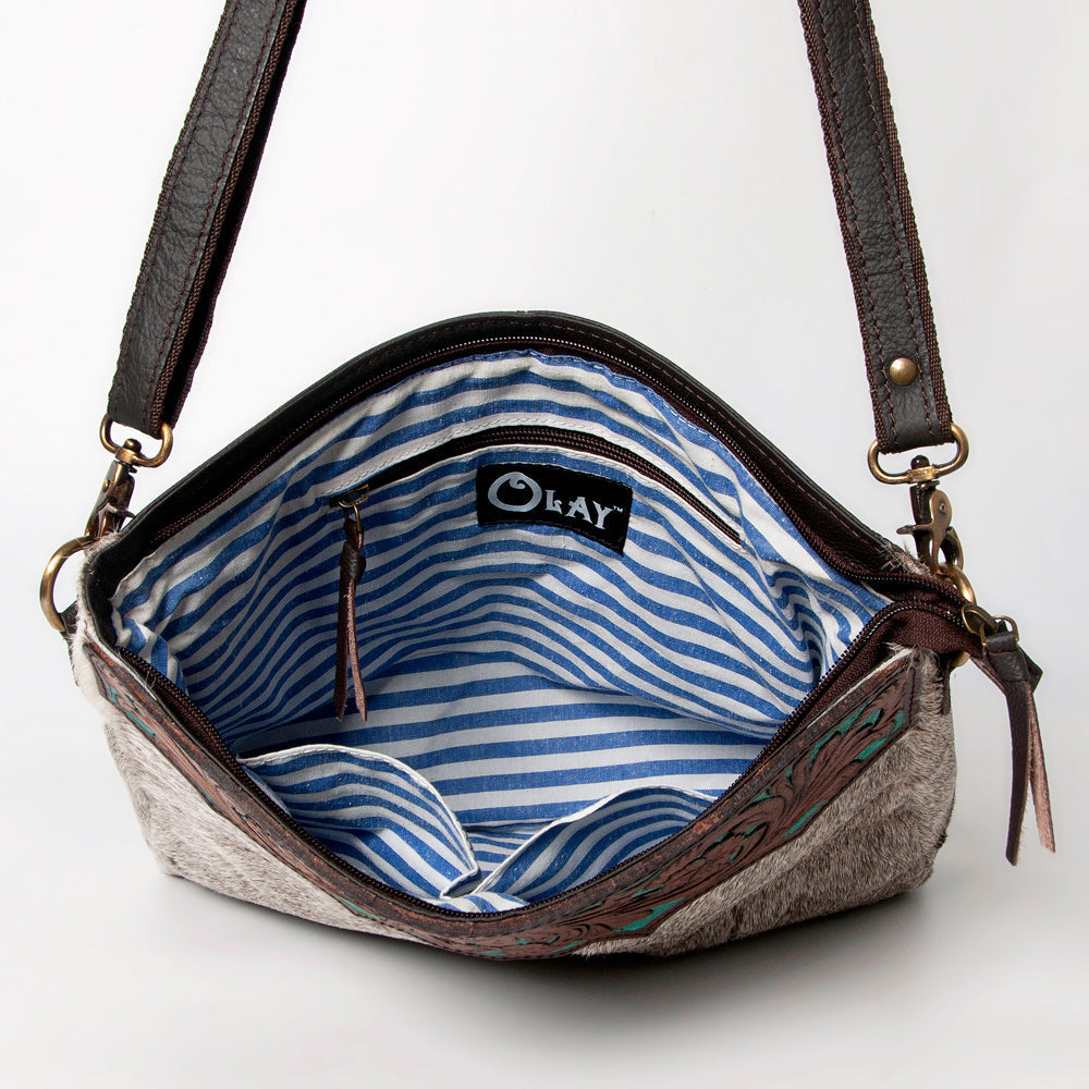 OHLAY Hand-Tooled Hair-On Leather Crossbody Bag
