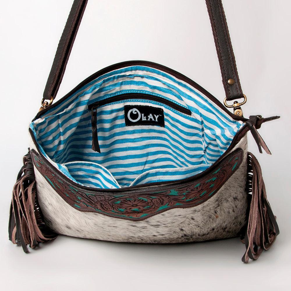 OHLAY Hand-Tooled Hair-On Leather Crossbody Bag